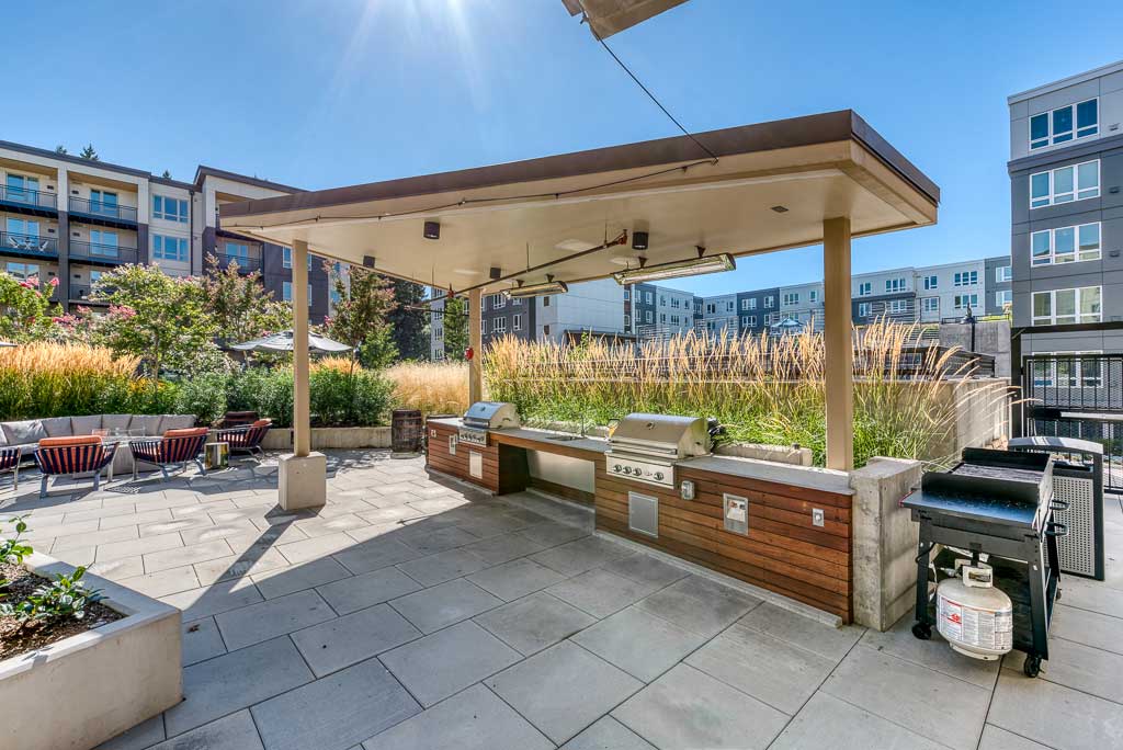 Outdoor communal grilling area with two built-in stainless steel grills under a large canopy, surrounded by tall grasses and modern apartment buildings—perfect for social gatherings at MorningStar Senior Living Hillsboro; patio seating is visible nearby.