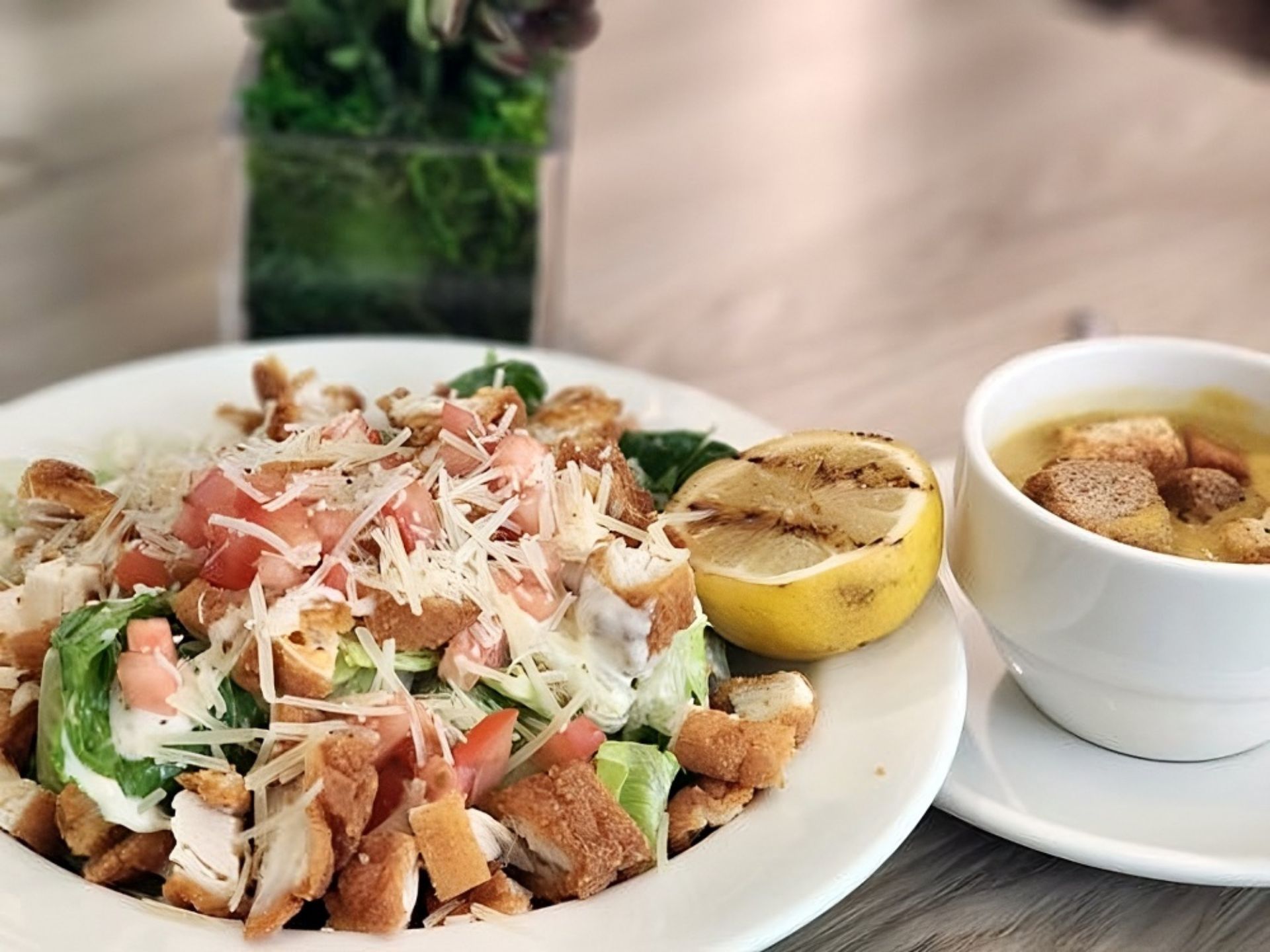 A plate of Caesar salad with croutons, diced tomatoes, shredded cheese, and grilled chicken sits beside a cup of soup at MorningStar Senior Living Hillsboro—perfect for enjoying fresh flavors in comfortable retirement living. A plant sits in the background.