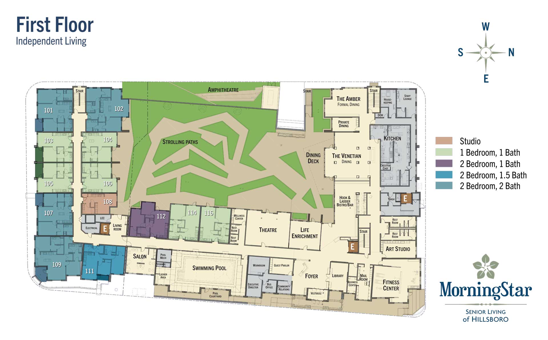 Floor plan of MorningStar Senior Living Hillsboro’s first floor, featuring rooms and amenities like a swimming pool, fitness center, art studio, dining, theater, life enrichment area, and an outdoor strolling path for vibrant retirement living.