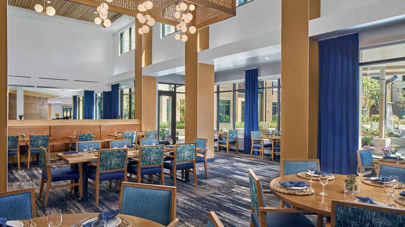 A modern dining area at MorningStar Senior Living Hillsboro features blue upholstered chairs, round wooden tables set with plates and glasses, large windows, blue curtains, and elegant pendant lighting—creating a bright, open space ideal for retirement living.