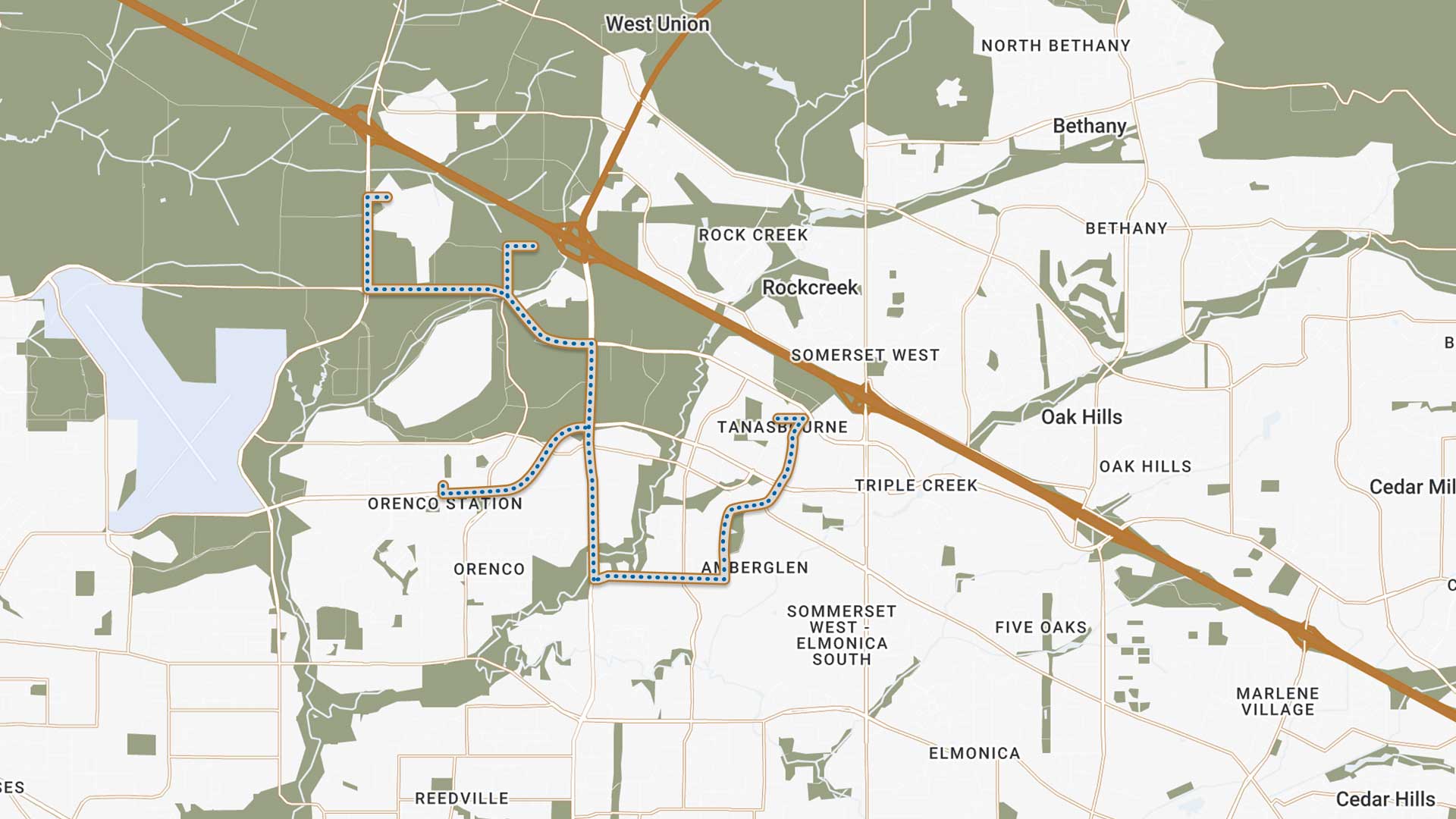 Map showing a region with green areas for parks or forests, white spaces for urban zones, and a highlighted dotted route passing through Orenco Station, Tanasbourne, AmberGlen, Somerset West, and near MorningStar Senior Living Hillsboro. Major roads are also visible.