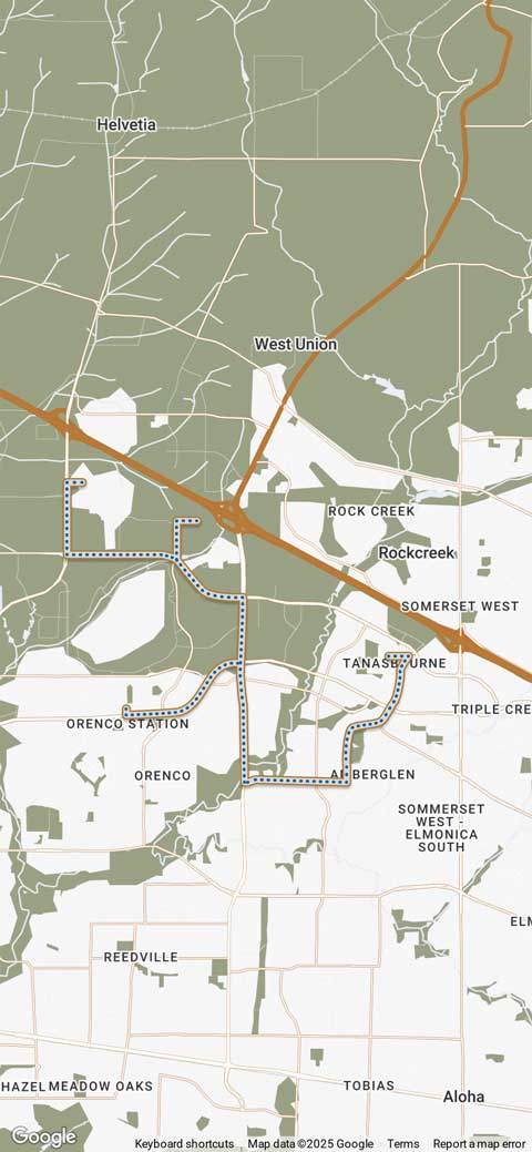 A map showing parts of West Union, Orenco Station, Tanasbourne, Rockcreek, Somerset West, and nearby areas—including roads, neighborhoods, parks, shaded regions for land uses—with MorningStar Senior Living Hillsboro highlighted for Retirement Living.